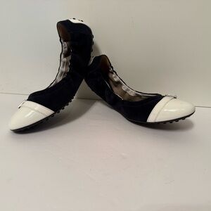 TOD’S SHOES FLATS DRIVING NUBS BLUE SUEDE WHITE PATENT LEATHER ITALY 39 9